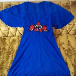 Vintage Bat Wing Blue Dress with Red Floral Embroidery